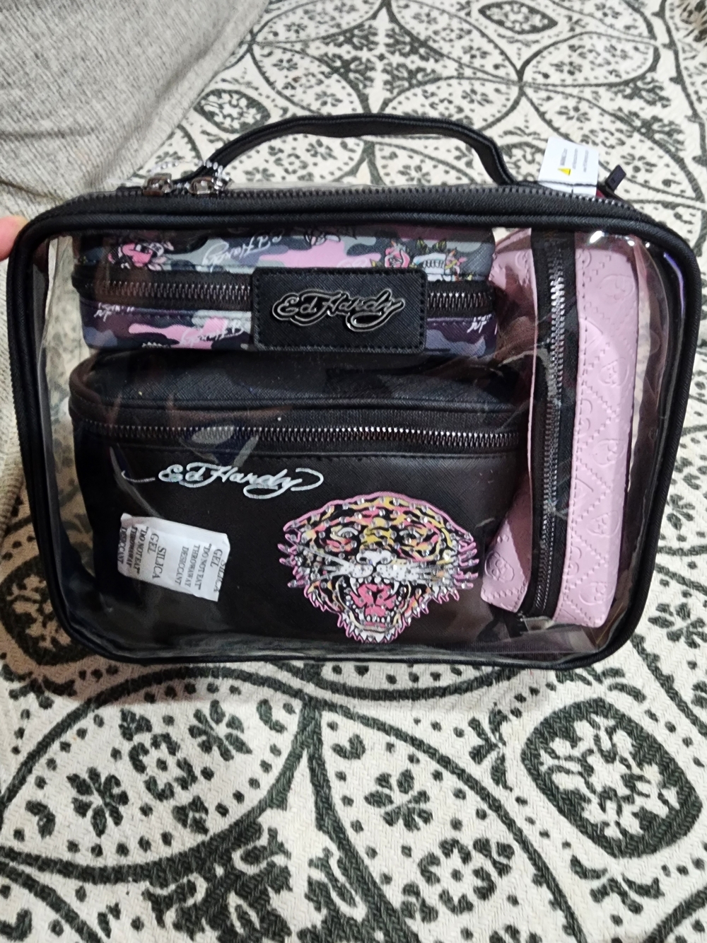 Ed Hardy Clear Travel Cosmetic Bag Set - Black & Pink 4 Pc Cosmetic Set
